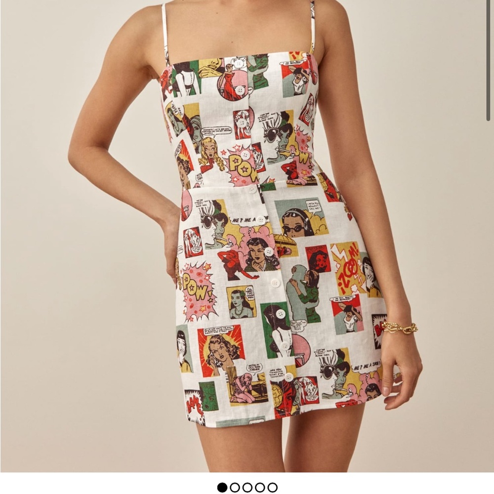Reformation Huckleberry Linen dress in comic book. Worn once Originally $178.